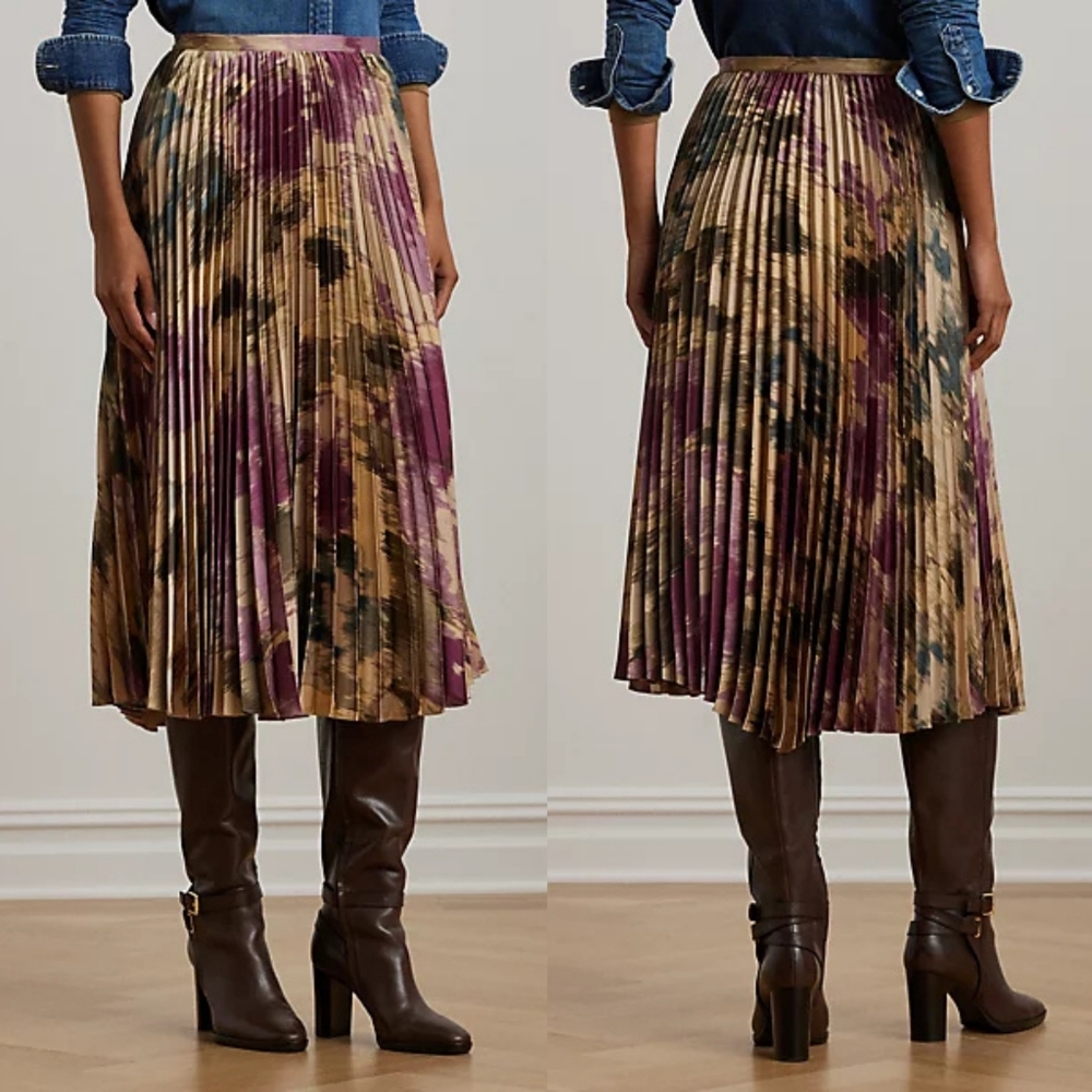 Lauren Ralph Lauren Floral Pleated Satin Charmeuse Midi Skirt Sz 14 Luxury Coast